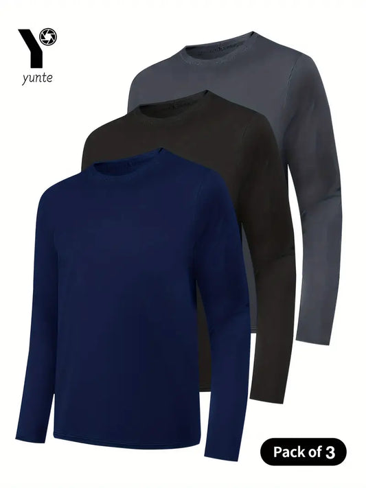 3pcs Men's Athletic Long Sleeve Crew Neck Shirts in Navy, Black, & Gray - Quick-Dry,